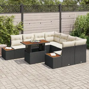 Garden Sofa Set VidaXL 9-Piece with Cushions Black Polyrattan, 2-Seater Storage Sofa with Cushions