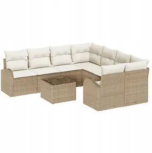 Outdoor Sofa Set 9-Piece with Cushions Beige Polyrattan, 2-Seater Garden Sofa with Storage by VidaXL