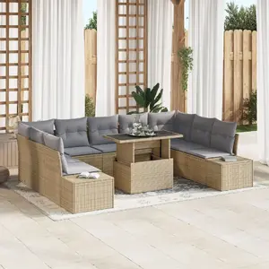 Āra dīvānu komplekts VidaXL 10 daļas bēšs rotangpalma moderns