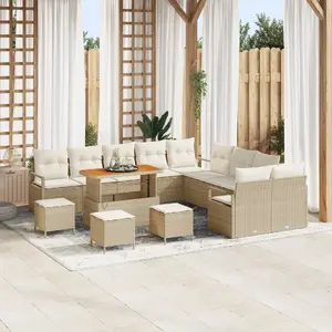 VidaXL 13-piece Garden Sofa Set with Cushions Beige Polyrattan Acacia – includes 2-seat storage sofa and 3-piece dining set