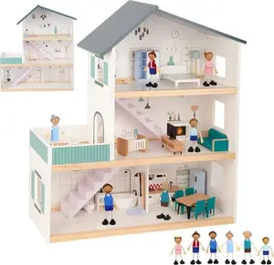 Liels koka leļļu namiņš ar figūrītēm Tooky Toy — krāsots koka spēļu komplekts