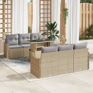 VidaXL 7‑daļu dārza dīvānu komplekts bēšs poli rattan, 2‑vietīgs dīvāns ar vietu glabāšanai un spilveniem