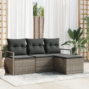 Outdoor Sofa Set VidaXL 4-piece with Cushions, Grey Poly Rattan, 2-seat Sofa with Storage