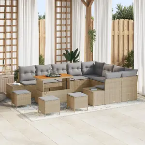 Outdoor Sofa Set VidaXL 13-piece with Cushions Beige Poly rattan Acacia and 4-piece Dining Set, Two-seater Garden Sofa with Cushions