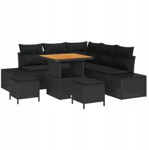 Outdoor sofa set 8-piece with cushions Black Polyrattan Acacia by VidaXL; 2-seater outdoor sofa with cushions Black Polyrattan; 3-piece dining set with cushions Black Polyrattan Acacia