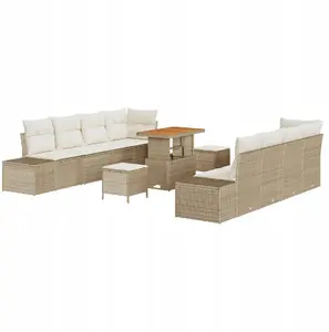 Outdoor sofa set VidaXL 11-piece beige poly rattan with cushions (acacia accents), includes 2-seat sofa and 3-piece dining set