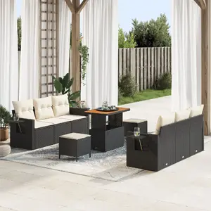 Outdoor sofa set VidaXL 9-piece with cushions black polyrattan acacia + 3-piece dining set with cushions black polyrattan acacia