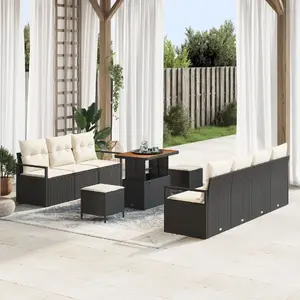 Garden sofa set VidaXL 10-piece black rattan with cushions, acacia, includes 2-seat sofa and dining pieces