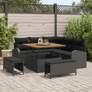 Outdoor sofa set VidaXL 8-piece with cushions, black polyrattan and acacia frame