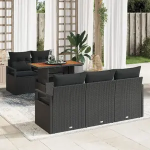Outdoor sofa set 6-piece with cushions VidaXL — black polyrattan, acacia frame, includes 2-seater sofa