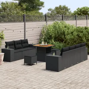 Outdoor garden furniture set VidaXL 10-piece black polyrattan with cushions, acacia table