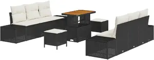 Outdoor sofa set VidaXL 9-piece black poly rattan with cushions, acacia side tables