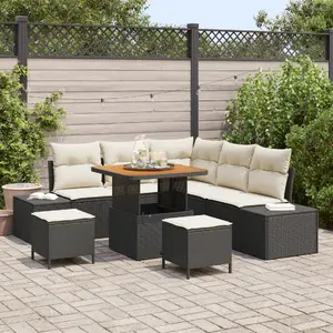 Outdoor sofa set 8-piece with cushions Black Polyrattan Acacia, 2-seater garden sofa with storage and cushions Black Polyrattan, 3-piece outdoor dining set with cushions Black Polyrattan Acacia