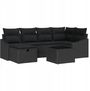 Outdoor Sofa Set VidaXL 7-piece with Cushions, Black Rattan
