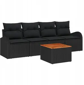 Outdoor sofa set VidaXL 5-piece, black poly rattan with cushions, acacia storage table, 2-person seating