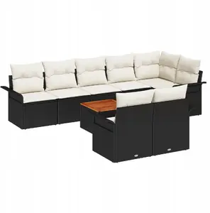 Outdoor Sofa Set 9-Piece with Cushions, VidaXL 2-Seater Garden Sofa with Storage, Black Poly rattan and Acacia