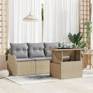 Āra dīvānu komplekts VidaXL 5 daļas ar bēšām spilveniem, rattan stila, 2‑vietīgs dīvāns ar noliktavas vietu un spilveniem