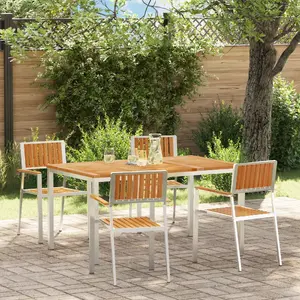 Ēdamistabas komplekts VidaXL 5 daļas no cietā tēkoka — Āra galds 150x90x75 cm un 4 tēkoka ar metālu krēsli