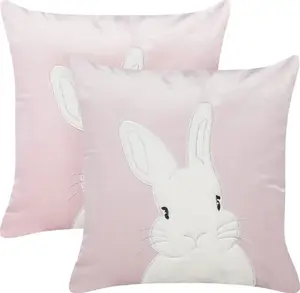 Decorative embroidered velvet cushions Beliani 45 x 45 cm, rabbit motif, pink, set of 2