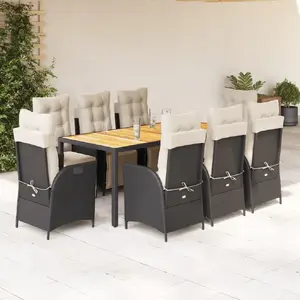 Āra terases ēdamgalda komplekts VidaXL 9 daļas ar spilveniem, melns poli rattans (modelis 3213337)