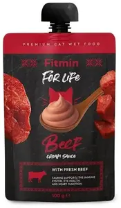 Svaigs kaķu barības maisījums FITMIN For Life — krēmmērce ar liellopu gaļu, 100 g