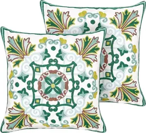 Decorative embroidered cotton cushion pair Beliani ELANITE 45 x 45 cm green
