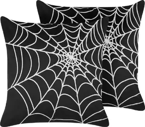 Decorative Velvet Throw Pillow Beliani Lycoris 45 x 45 cm – Black with White Spiderweb Pattern