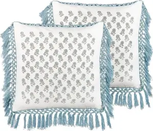 Decorative cotton cushions Beliani PALLIDA 45 x 45 cm white-blue floral with tassels, set of 2