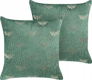 Decorative velour throw pillows Beliani YUZURI 45 x 45 cm, set of 2, green, butterfly motif
