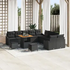 Garden sofa set VidaXL 13-piece with cushions, black polyrattan and acacia