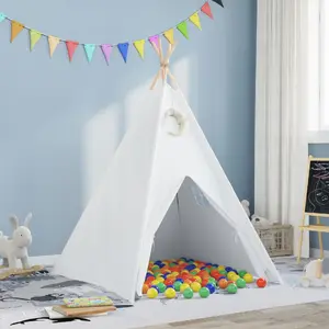 Bērnu tipis VidaXL modelis 3385870 ar pārnēsāšanas somu, persiku audums un krāsainas bumbiņas, balts apšuvums