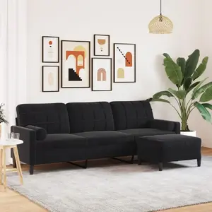 Трёхместный диван с оттоманкой VidaXL 3278282, чёрный бархат, 210 см