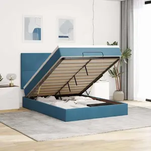 Каркас кровати с оттоманкой и матрасами VidaXL 140x200 см синий бархат