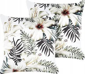 Decorative Cushion Set Beliani 2 pcs 45 x 45 cm white with green leaf pattern