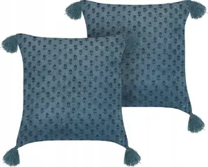 Cushion set Beliani 2-piece block print velvet dark blue — decorative sofa pillows