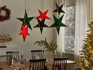 Hanging Christmas Star Decoration Beliani MOTTI set of 2 velvet LED stars 45 cm black