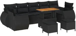 Outdoor Sofa Set VidaXL 10-piece with Cushions, Black Polyrattan and Acacia | 3-piece Outdoor Dining Set with Cushions, Black Polyrattan and Acacia