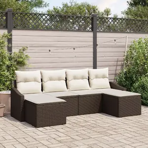 Outdoor dining set VidaXL 6-piece with cushions, brown poly rattan