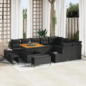 Outdoor sofa set VidaXL 12-piece with cushions black polyrattan acacia, 3-piece outdoor dining set black polyrattan acacia, 2-seater outdoor sofa with cushions