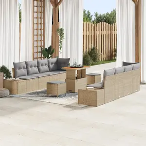 Outdoor sofa set VidaXL 11-piece with cushions, beige poly rattan and acacia, includes 2-seat storage sofa and 3-piece dining set