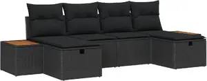 Outdoor Sofa Set VidaXL 6-piece with Cushions, Black Rattan