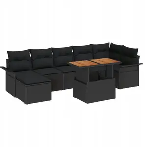 Outdoor dining set VidaXL 8-piece with cushions, black polyrattan and acacia wood