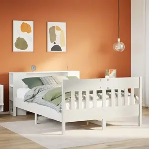 Кровать с полкой VidaXL 140x190 см, сосна, белая, без матраса