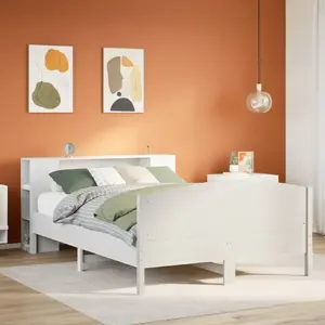 Кровать с полкой VidaXL 140x190 см, сосна, белая, без матраса