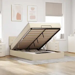 Gulta ar otomānas nodalījumu un matraci VidaXL 140x200 cm krēmkrāsas audums