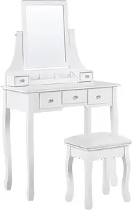 Туалетный стол Shumee RAYON с 5 ящиками, прямоугольное зеркало и табурет, белый