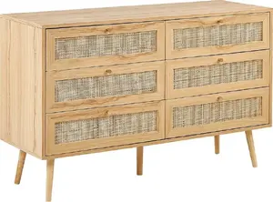Chest of drawers Beliani Perote — 6 drawers, light wood with rattan-style fronts