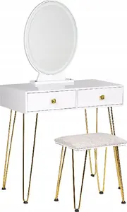 Туалетный столик Beliani CAEN с 2 ящиками, зеркалом с LED и табуретом, бело‑золотой