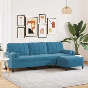 3-vietīgais dīvāns ar pufu VidaXL 210 cm zils samts