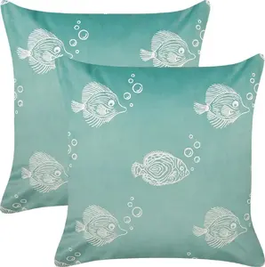 Decorative velour cushions Beliani SOLIDAGO 45 x 45 cm, set of 2, green, fish pattern